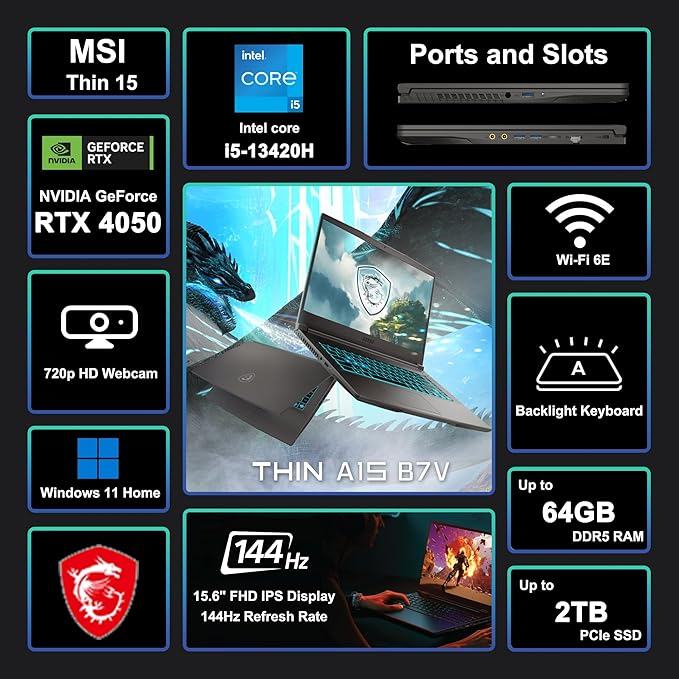 msi Thin 15 Gaming Laptop 15.6" FHD IPS 144Hz Intel Octa-core i5-13420H (Beats i7-12650H) 16GB RAM 512GB SSD GeForce RTX 4050 Backlit USB-C Wi-Fi6E Win11 ICP Hub