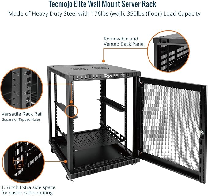 Tecmojo 15U Wall Mount Rack, 23.6 Inch Depth, Holds Up to 176 Lbs, Enclosed Kit for 19 Inch Network, Server and AV Gear, Mesh Door (Elite Collection)