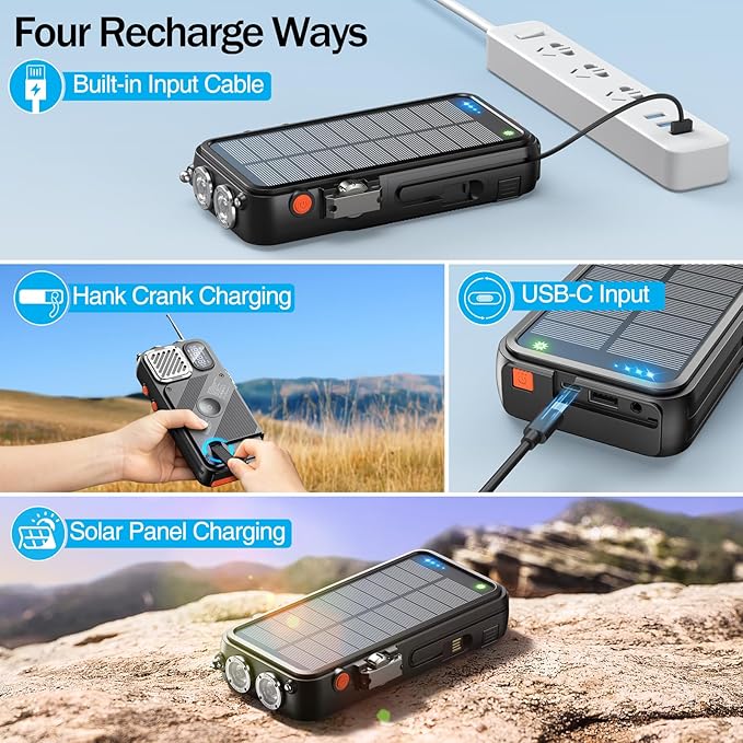 BROWEY Solar Power Bank Wireless Charger 16000mAh Built in Hand Crank and 3 Cables with Emergency Radio & Flashlight, 20W Fast Charging for Cell Phones, Portable Charger for Apple Watch