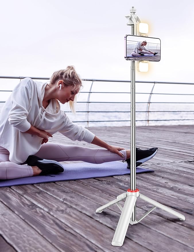Selfie Stick Tripod with 2 Light, 3 Light Modes & 6 Brightness Levels Extendable Phone Tripod with Detachable Remote & Phone Holder, Portable Camera Tripod Compatible with iphone16 15 14 13/Android