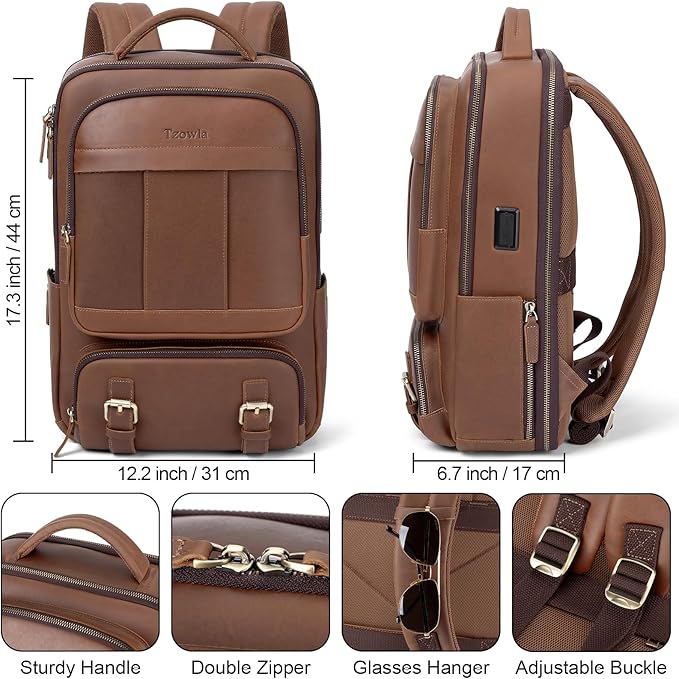 Tzowla Leather Laptop Backpack, Bag for Men and Women,Business Travel Work Rucksack Fits 15.6 Inch Laptop, Bookbag with USB and Type-C Charging Port-Brown