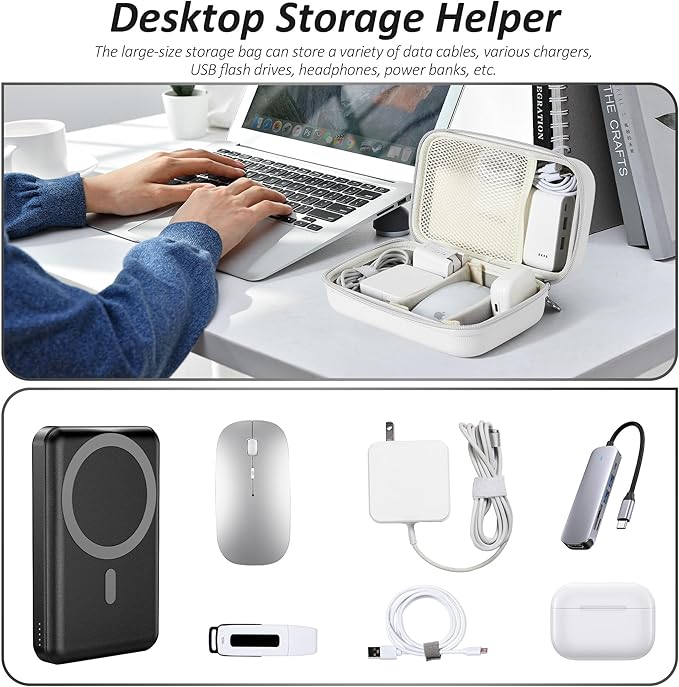 Charger Case for Macbook, Portable Tech Electronic Organizer Bag,Travel Storage Pouch for Laptop Accessories, MacBook Power Adapter, Charging Cords, USB Drives, Power Bank (White, XL)