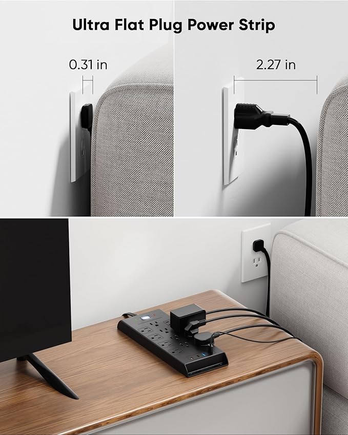 Surge Protector Power Strip 4800J, LeZone 15Ft Long Extension Cord Flat Plug, 12 Outlets 2 USB C 2 USB Ports, Wall Mountable, 20W Desk Charging Station, Black