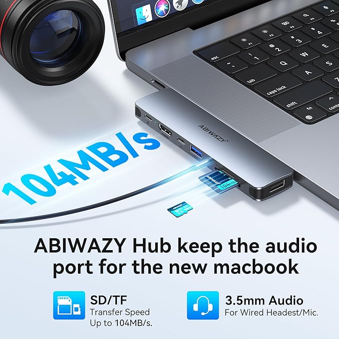 USB C Adapter HDMI Multiport Hub for MacBook Pro/Air M1-M3, 13"-16", 2018-2024: 3 USB A 3.0, SD TF Card Reader, Audio