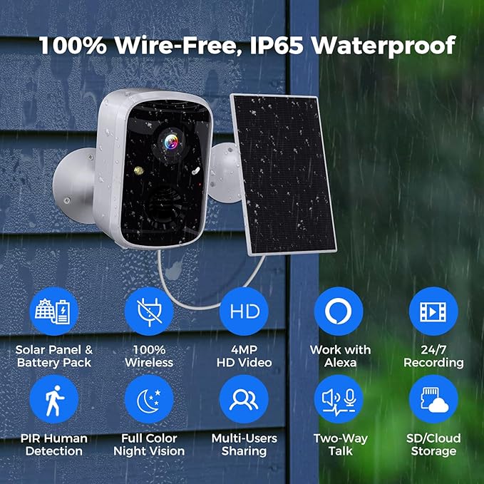 Hiseeu Solar Security Cameras Wireless Outdoor, Battery Powered 3K 4MP Surveillance Indoor WiFi Smart Cameras for Home Security Outside, Motion Detection, Waterproof, Color Night Vision, 2-Way Audio