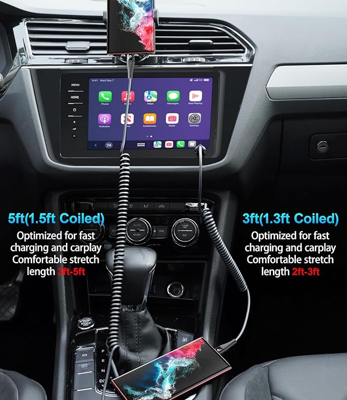 USB C to C Cable for Car 3FT&5FT, Coiled USB C Fast Charging Cable for iPhone 16 Short USB Type C Cable for iPhone 17/16/15/Pro Max/Plus/Samsung Galaxy S23, Compatible All Type C Devices-Black