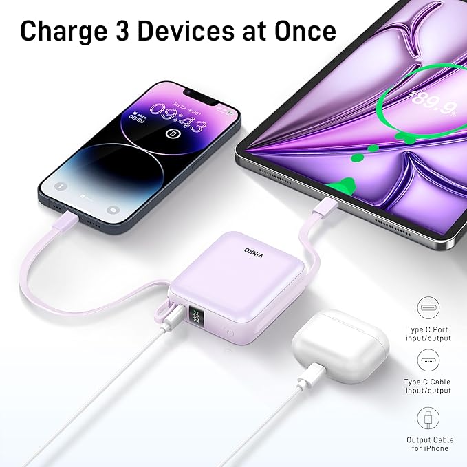 VINKO Portable Charger Power Bank with Built-in Cables, 22.5W Fast Charging 10000mAh Phone Charger, Small Travel Battery Pack with Smart LED Display for iPhone, Android & USB-C Devices(Purple)