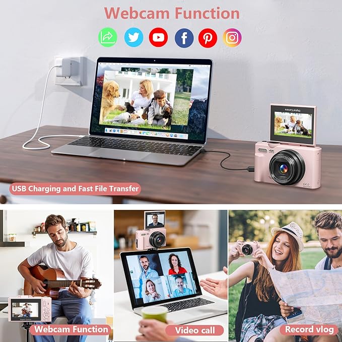 Digital Camera for Photography, 4K Vlogging Camera for YouTube 3" 180° Flip Screen 18X Digital Zoom Compact Cameras with 32GB TF Card & 2 Batteries, Pink