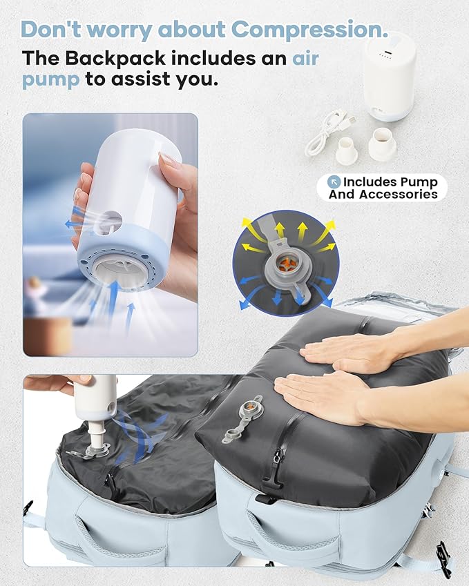 Vacuum Travel Backpack with Pump for Women, Personal Item Carry on Backpacks Flight Approved 18x14x8 inches for Men,Laptop Waterproof Work Compression bags Casual Daypack,Blue