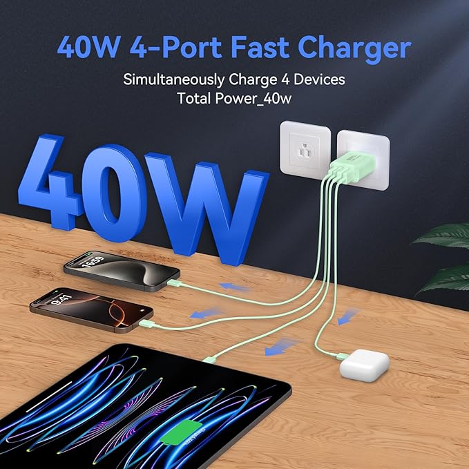 USB C Wall Fast Charger Block, 40W 4-Port Type C Chargers Fast Charging Blocks PD Power Charger Adapter+QC 3.0 USB Multiport Charger Brick for Phone 17/16/15/14/13/12 Pro Max, i-Pad, Galaxy S25-2Pack