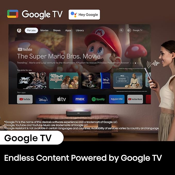 Hisense PL2, Ultra Short Throw Home Theater Laser Projector, 80” – 150”, 4K UHD, 2,700 Lumens, 3000:1 Contrast, Dolby Vision & Atmos, 3D, Google TV, WIFI 6E