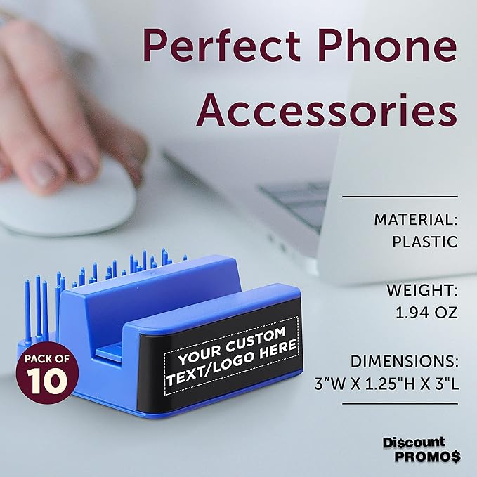 DISCOUNT PROMOS Custom Light Up Logo Phone Stands Set of 10, Personalized Bulk Pack - Essential Smartphone Accessory, Perfect for Office and Home - Blue