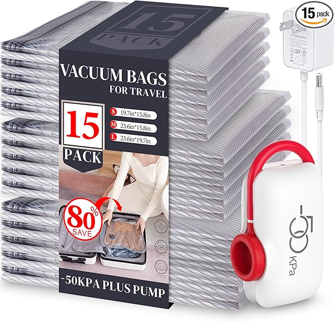 VMstr 15 Pack Travel Vacuum Storage Bags With High Pressure Electric Pump(DC Power), Compression Sealing for Clothes and Clothing Luggage Suitcase Packing, Carry-on Travel Size
