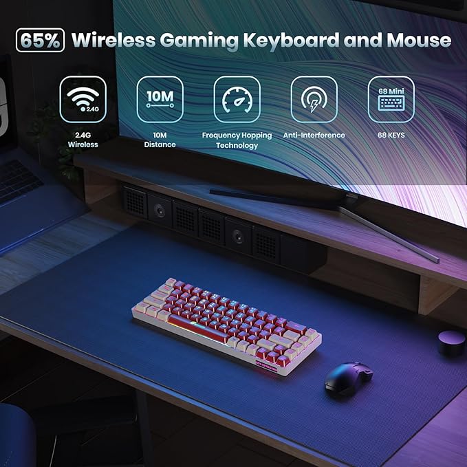 65% Wireless Gaming Keyboard, LED Backlit Gaming Keyboard, 68 Keys Ultra-Compact Anti-ghosting No-Conflict Wireless Keyboard for PC Laptop Windows Gamer(Red-White)