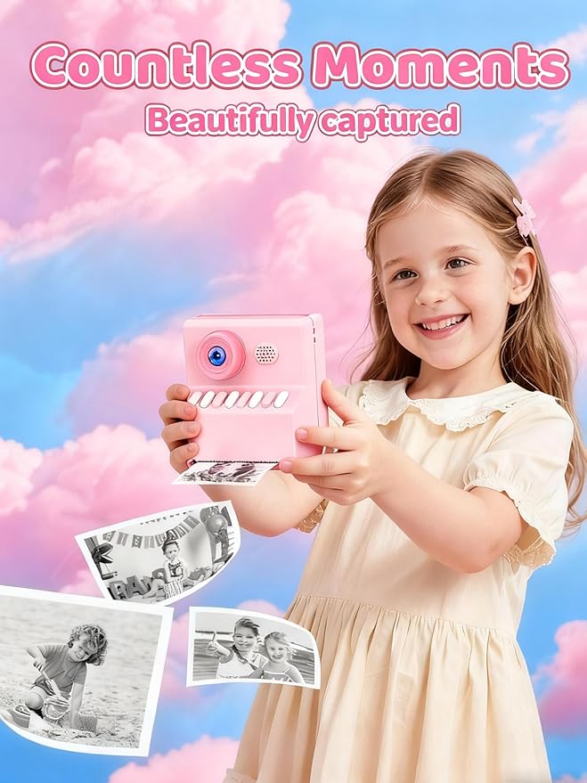 Kids Camera Instant Print Pink: HODDRCCN Instant Print Camera for Kids - Christmas & Birthday Gift for Boys and Girls Ages 3-12 - Includes 32G SD Card & Portable Lanyard & 3 Rolls Printing Paper