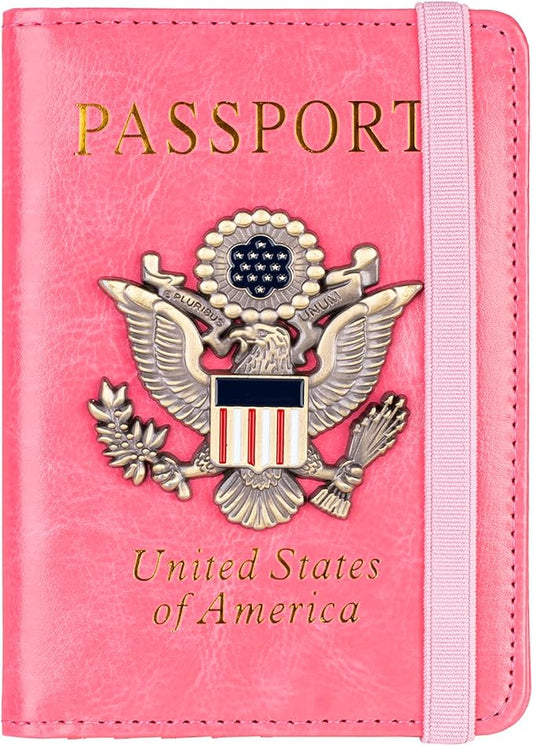 TOURSUIT RFID Blocking Passport Holder for Women Men, Leather Passport Travel Wallet with Metal 3D Metal Badge, Travel Document Holder Cover Accessories (Pink)
