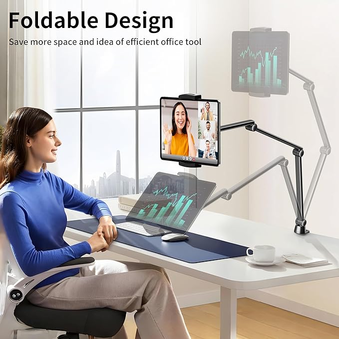 LULULOOK iPad Stand for Desk, Aluminum Alloy Arm Mount, Adjustable Holder Stand for iPad Pro 12.9/iPad mini Air, Samsung Galaxy, iPhone, Kindle, Portable Monitor Tablet 4.7"-13"(2 Clips)
