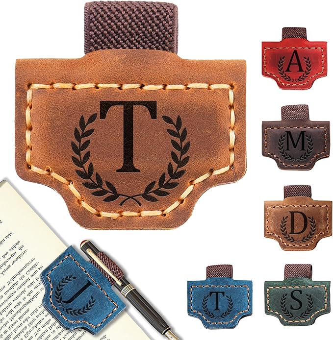 Personalized Bygone Mark Bookmark with Pen Holder, Leather Magnetic Bookmark 26 Letters Name Initial Bookmarks for Readers, Book Lover Gifts for Women Men Notebook Accessories (Brown, T)