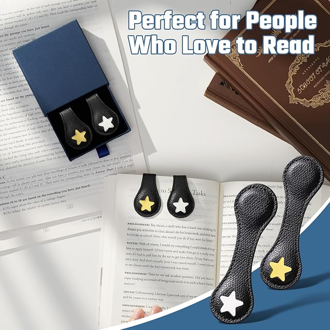 2Pcs Magnetic Leather Bookmarks with Gift Box, Magnetic Pen Holder Book Marks Clip Gift for Book Lover Readers Men Women Teachers Students, Star (Black+Black)