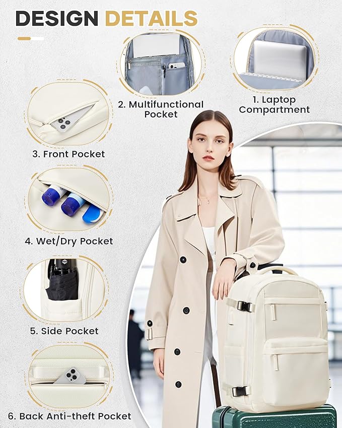 Vacuum Travel Backpack with Pump for Women,Personal Item Carry on Backpacks Flight Approved 18x14x8 inches for Men,Laptop Waterproof Work Compression bags Casual Daypack. Beige.