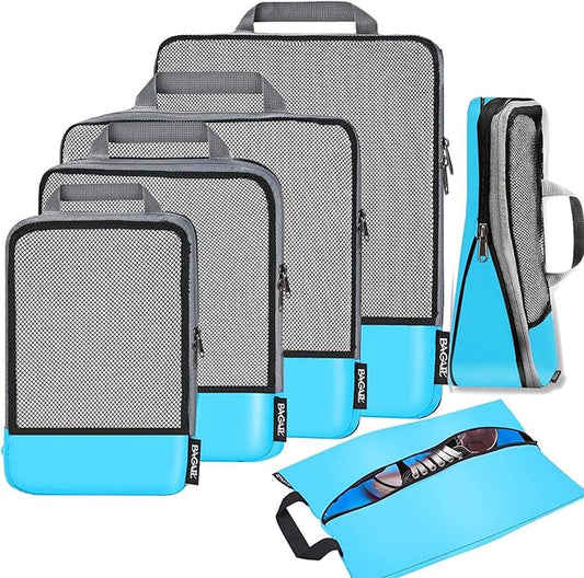 BAGAIL 4 Set/6 Set/8 Set Compression Packing Cubes Travel Accessories Expandable Packing Organizers (Half Mesh, 6-Blue)