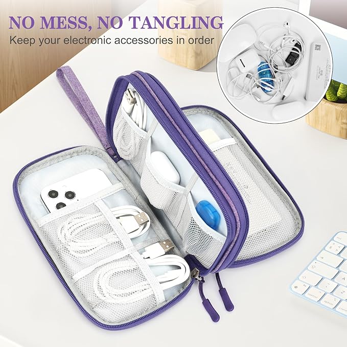 FYY Electronic Organizer, Travel Cable Organizer Bag Pouch Electronic Accessories Carry Case Portable Waterproof Double Layers Storage Bag for Cable, Cord, Charger, Phone, Large Size, Dark Purple
