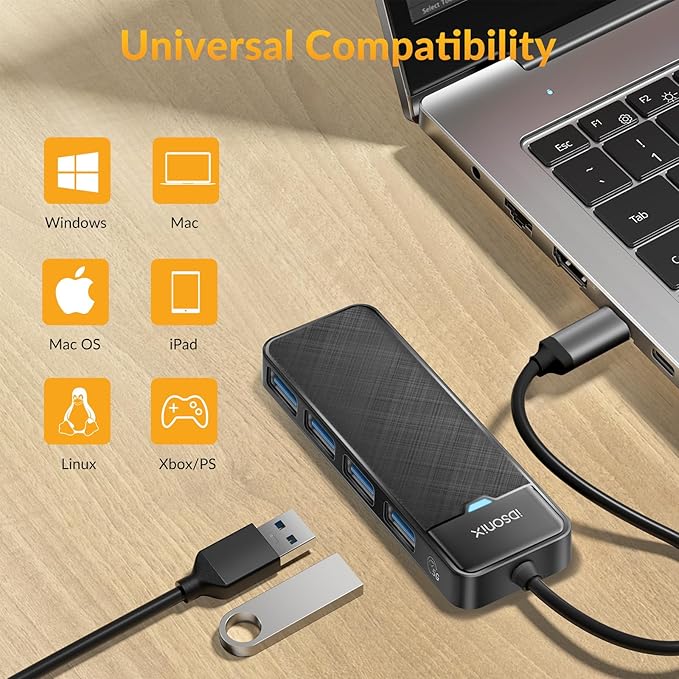 iDsonix USB 3.0 Hub USB C Splitter 5Gbps Data Transfer Ultra-Slim Extender for Desktop, Laptop, Xbox, Flash Drive, HDD, Console, Printer, PC, Keyboards, Mouse [Charging Not Supported] (0.5ft Cable)