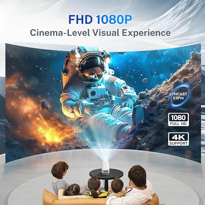 Smart Projector Android OS, Native 1080P Full HD 4K Support 12000 Lumens, Built-in Apps, Electric Focus & Auto Keystone Portable Projector with Dolby Sound, WiFi&Bluetooth, Compatible with iOS/HDMI