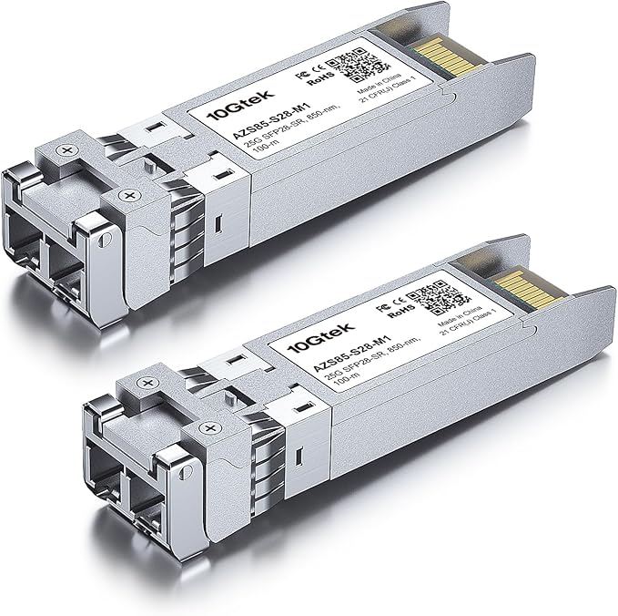 10Gtek SFP28 25GBase-SR Transceiver, 25G SFP+ SR Duplex LC MMF Optical Module for Cisco SFP-25G-SR-S, 850nm, DDM, up to 100m, 2-Pack