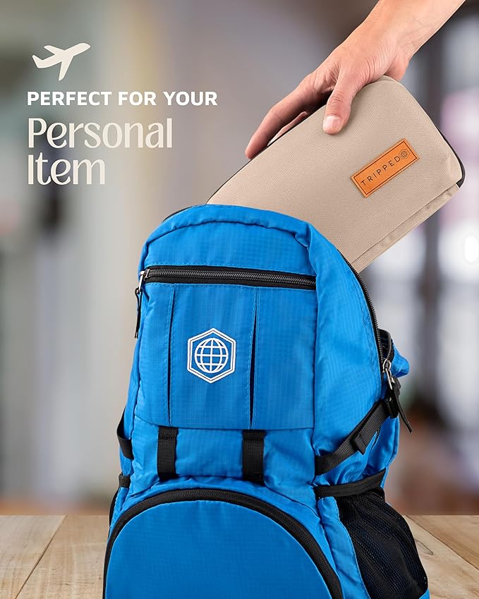 Tech Bag Organizer - Small Electronics Organizer Pouch for Travel - Premium Travel Case with Leather Accents - Mesh Pocket for Cables, Cords and Chargers (Tan)