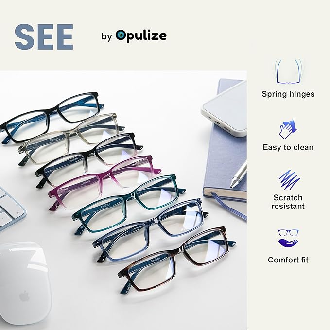 OPULIZE SEE Reading Glasses with Blue Light Blocking for Women and Men, Narrow Frame, Spring Hinges, Computer Gaming Glasses, Brown,Grey +3 (Pack of 2)