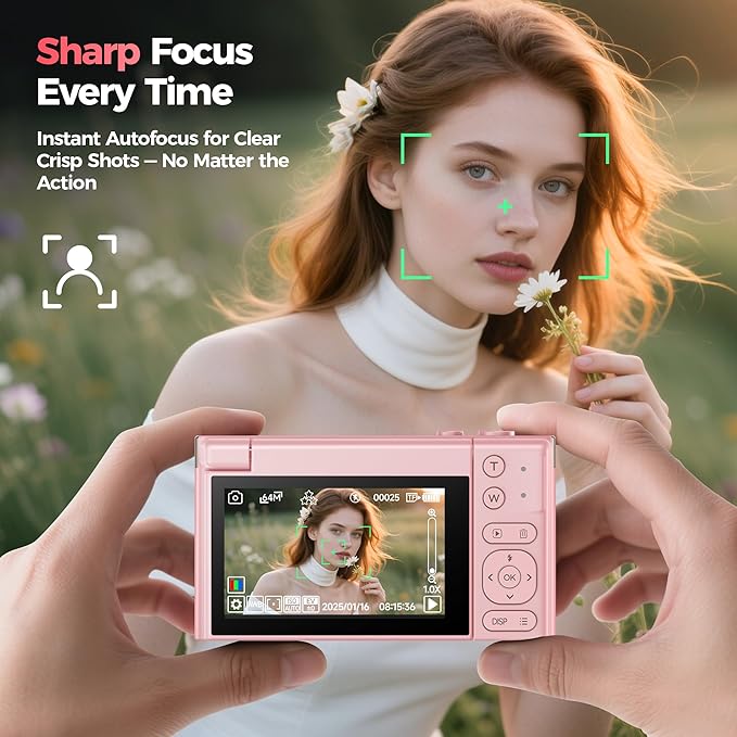 4K Digital Camera Pink for Girls Teens: 64MP Vlogging Camera with Flip Screen - 16X Zoom - Cute Compact Cam for Photography and YouTube – Aesthetic Point and Shoot Gift for Ages 8-18