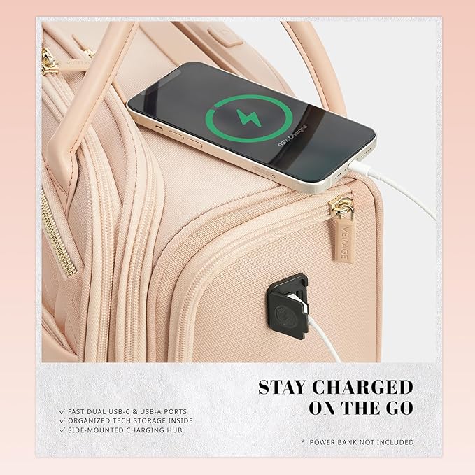 Verage 18x14x8in Spinner Underseat Carry-On Luggage -Airplane Personal Item Bag, USB A&C Charging Port, Padded Laptop Pocket & Wet/Dry Compartments for Women, Blush Pink