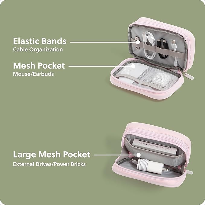 U Brands Dual Zip Canvas Tech Organizer Pouch, 7.8" x 5" Cord Organizer, Computer Accessories, Travel Essentials, Travel Gifts for Men Who Have Everything, Electronics, Petal Pink