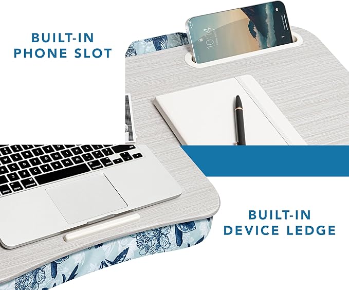 LAPGEAR Designer Lap Desk 2-Pack with Storage Basket, Phone Slot & Device Ledge – Blue Blossoms – Fits Laptops up to 15.6" – Style No. 70433
