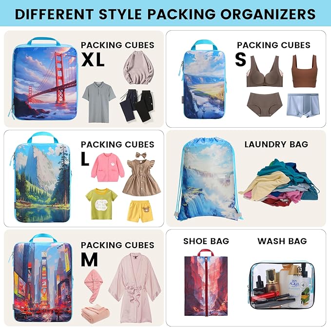 Lightweight Compression Packing Cubes for Suitcases, Compressible Expandable Travel Packing Organizer with Clear Toiletries and Backpack Bag, Travel Essentials for Carry on Luggage 7 Set
