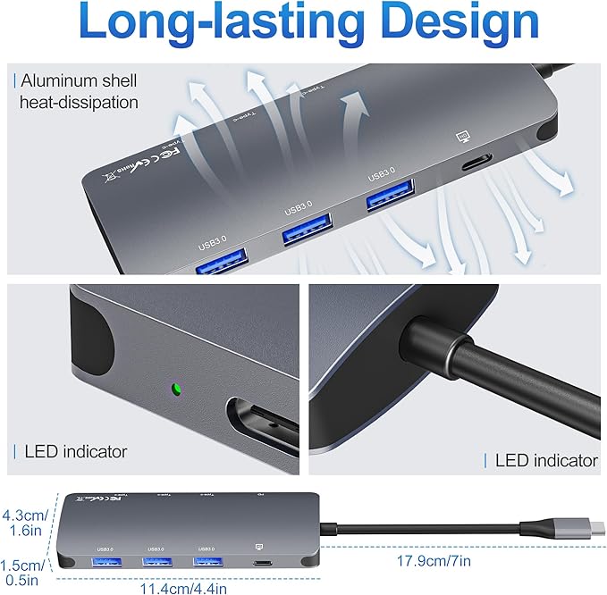 USB C Hub 10Gbps, USB C Splitter with 4K@60Hz Video Output, 100W Power Delivery Charging, Data Transfer, USB4 Hub Multiport Adapter for MacBook Pro/Air, iPad Pro, Mac mini and More Type C Devices