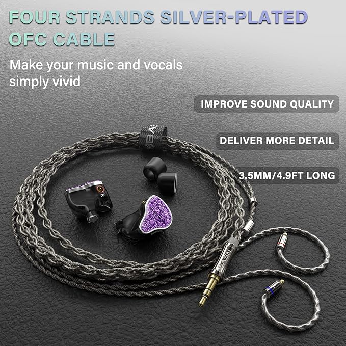 BASN Bmaster5 in Ear Monitors, 1DLC Diaphragm+4BA 5 Drivers IEM Earphones with Silver-Plated OFC Cable, Noise Isolation Wired Earbuds for Musicians (Purple)