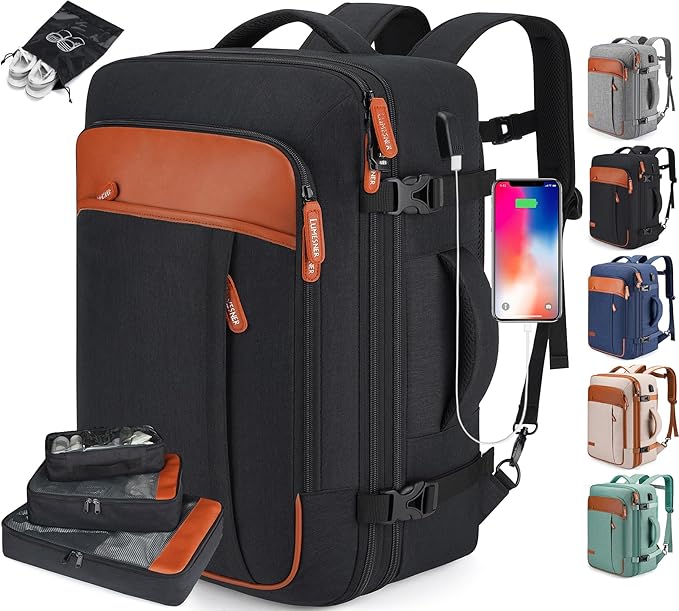 Travel Laptop Backpack,42L Carry on Luggage, Flight Approved Expandable Backpack,Business Anti Theft Weekender Bags for Women Men, Water Resistant Expandable Backpacks With 4 Packing Cubes