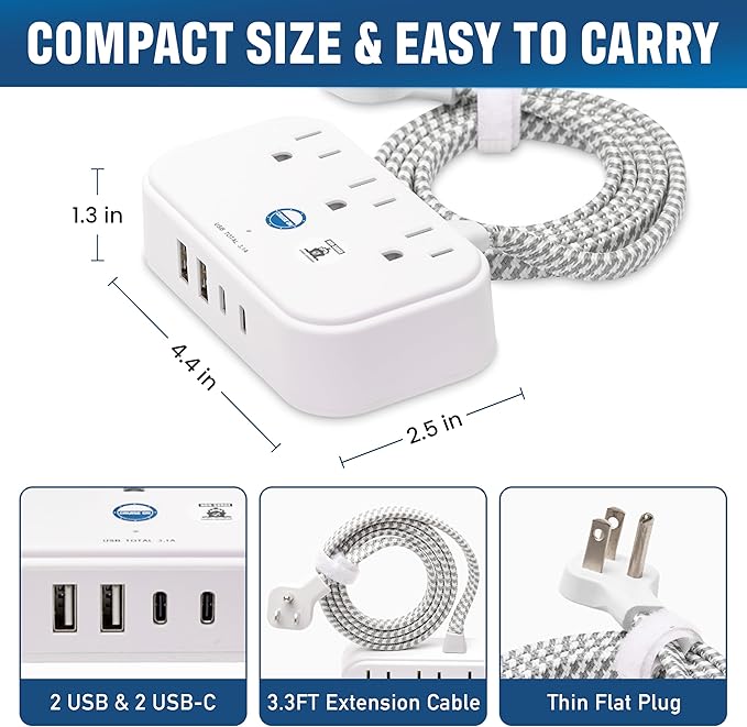 Cruise Approved Power Strip Non Surge Protector with 3.3 ft Travel Extension Cord and USB Ports [2 USB, 2 USB-C, 3 AC] Cruise Ship Essentials for Carnival, Princess, & Major Cruise Lines 2025 & 2026