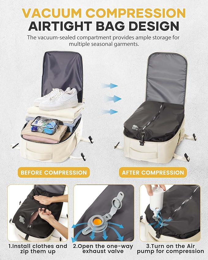 Vacuum Travel Backpack with Pump for Women, Personal Item Carry on Vacpack Backpacks Flight Approved 18x14x8 inches for Men,Laptop Waterproof Work Compression bags Casual Daypack,Beige