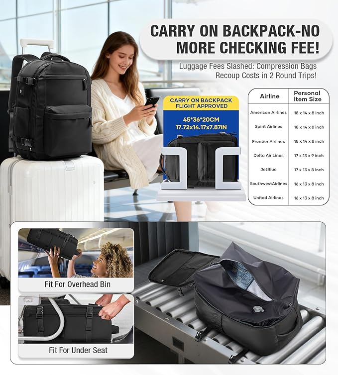 Vacuum Travel Backpack with Pump for Women, Personal Item Carry on Backpacks Flight Approved for Men,Laptop Waterproof Work Compression bags Casual Daypack Black..