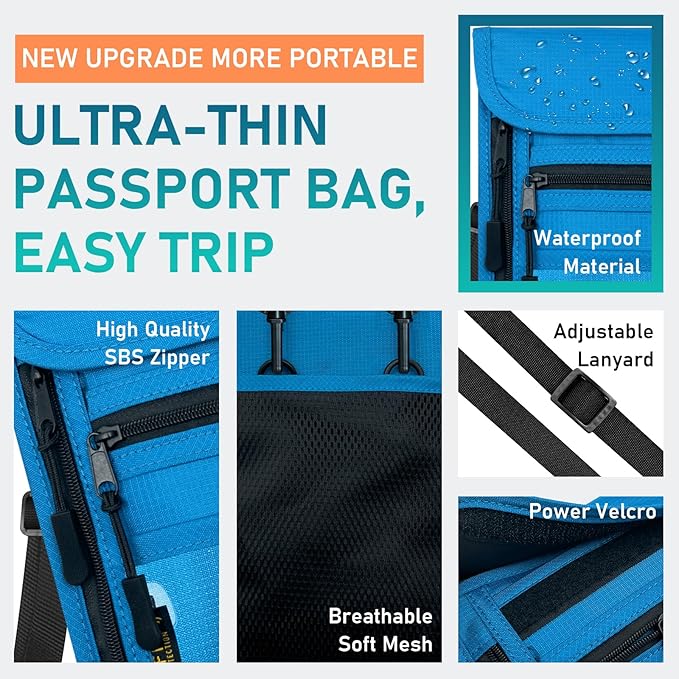 sundee Travel Neck Wallet with Double Zippers, RFID Blocking Passport Holder with Adjustable Neck Strap for Men and Women to Keep Cash, Credit Cards and Travel Documents Safe - Lake Blue