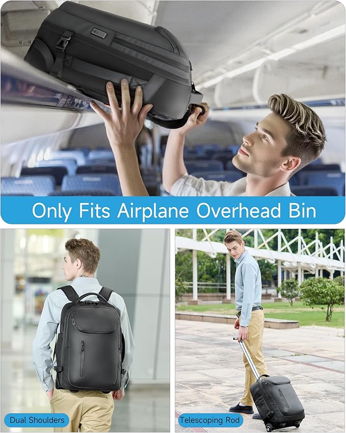 Rolling Backpack,50L Travel Backpack with Wheels,17.3inch Laptop Backpack with USB Port,TSA Carry On Anti Theft Backpack for Business Work Airplanes,Large Backpack for Men Women,Black