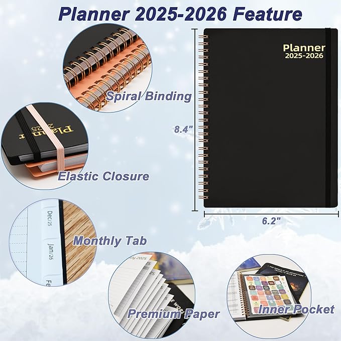 Daily Planner 2025-2026, Jul.2025-Jun.2026, 6.2" x 8.4", 2025 Planner Weekly and Monthly, Calendar Planner 2025 with Tabs & Pocket, 100GSM Thick Paper, Black