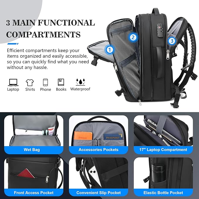 Vacuum Backpack Travel – Expandable Compression Carry On Backpack with Vacuum Pump, Water-Resistant TSA Lock Travel Bag, 17" Laptop Backpack for Men Women, Business Airplane Flight Luggage