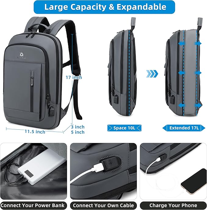 Caoroky knight Backpack Laptop Men 15.6 inch Slim Work Business Backpacks with USB Charging Port Mens Travel Bag Bookbag (Grey, Large)