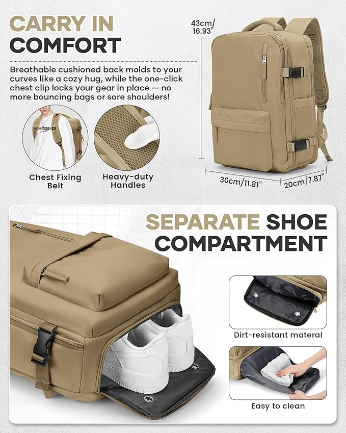 Vacuum Travel Backpack with Pump for Women,Personal Item Carry on Backpacks Flight Approved 18x14x8 inches for Men,Laptop Waterproof Work Compression bags Casual Daypack Khaki