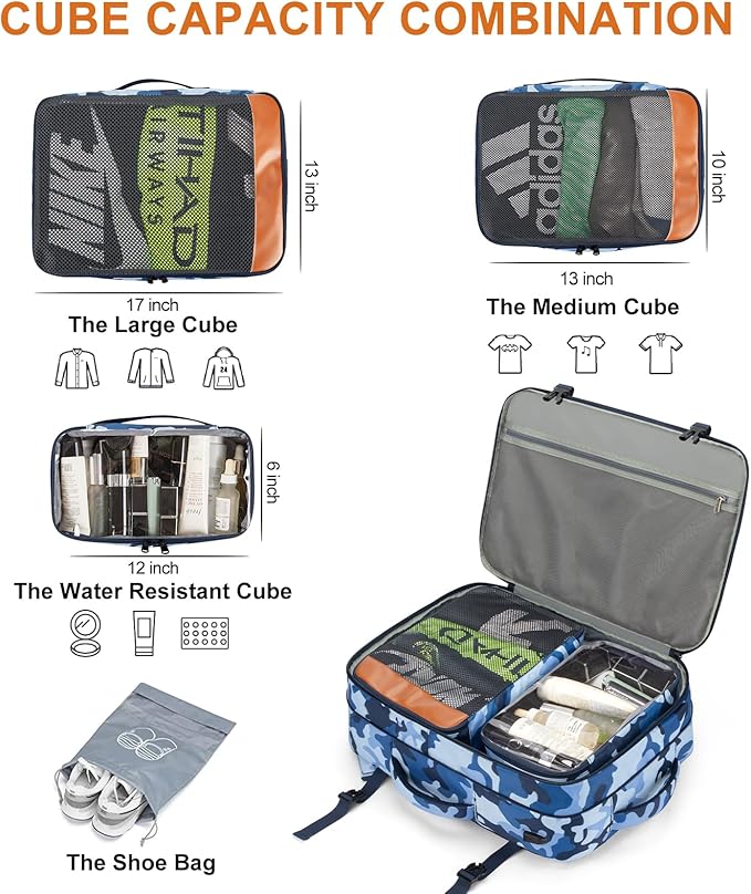 Travel Backpack 42L Carry on Backpack Flight Approved Expandable Travel Backpack Carry on Backpack Luggage Daypack (Blue Camouflage)