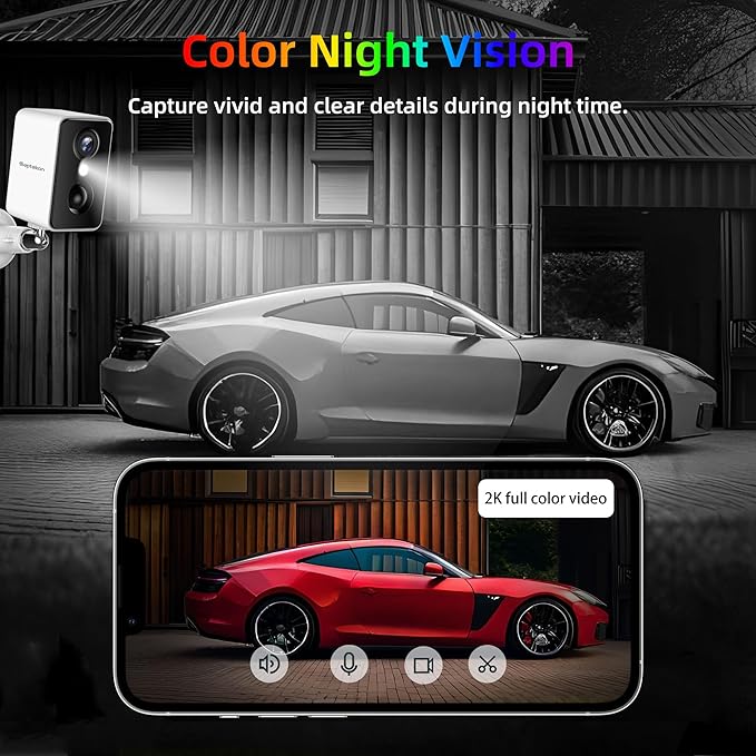 Septekon 2K Security Cameras Wireless Outdoor, Solar Camera for Home Security, Battery Powered Camera with Two Spotlights, PIR Motion Detection Siren, Color Night Vision, 2-Way Audio, IP66, White